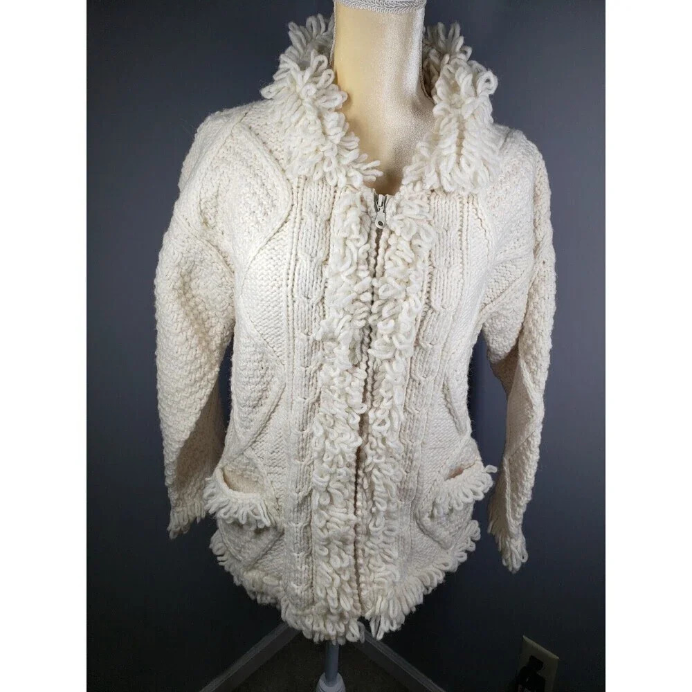 Otavalo Ecuador Natives Womens Knit Wool Full Zip White Sweater No Sz Tag Small?